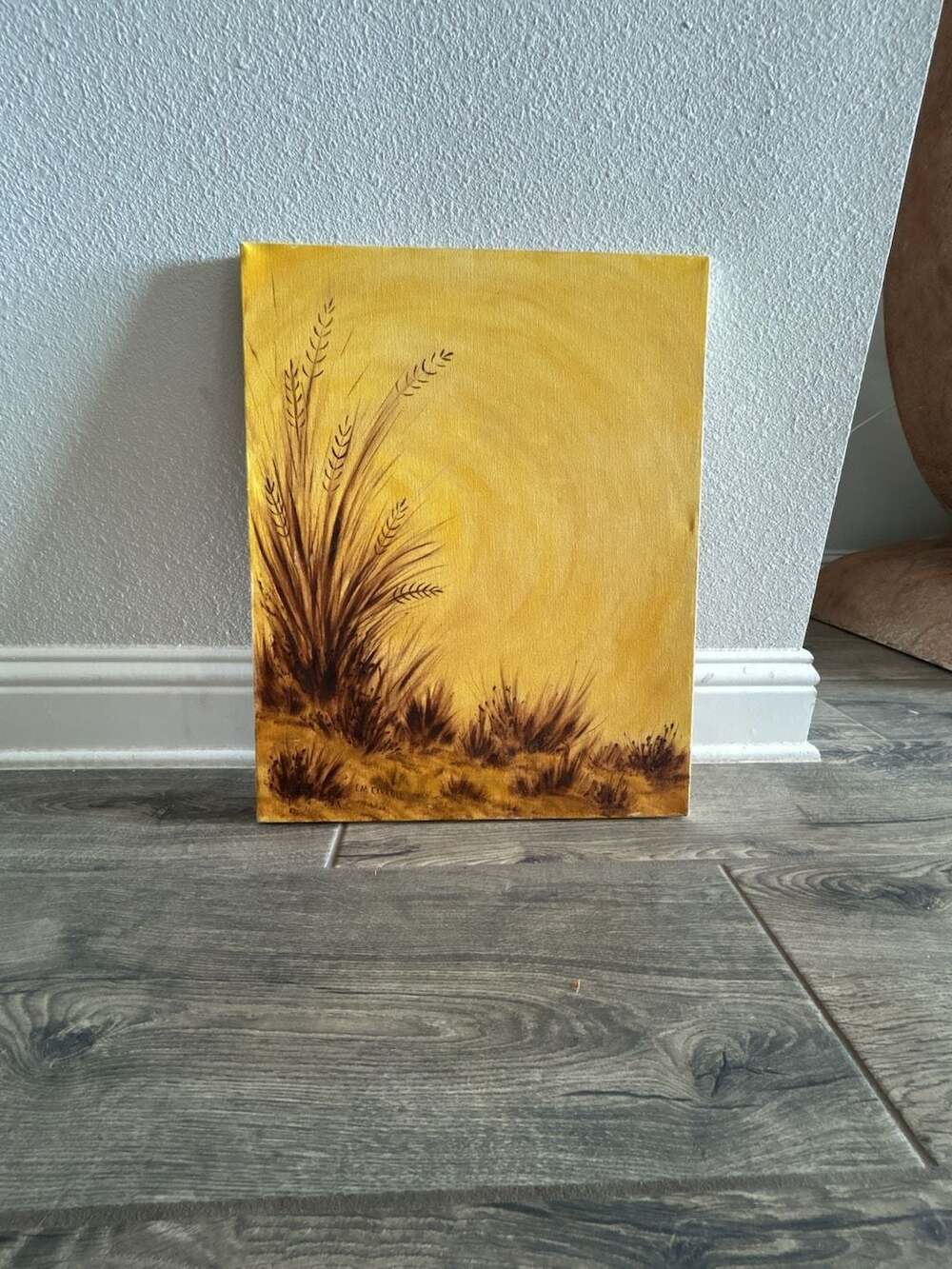 Original Wheat Field Landscape Acrylic Painting on Canvas Signed EM COBL